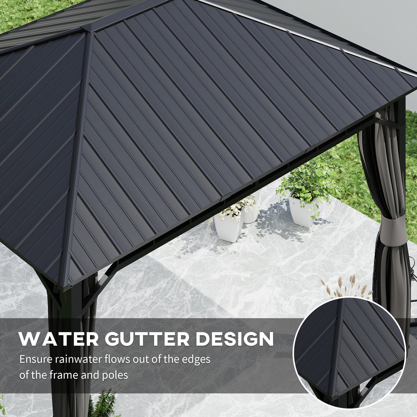 3 x 4m Hardtop Gazebo with Galvanised Steel Roof and Water Gutter, Waterproof Permanent Pavilion Garden Gazebo