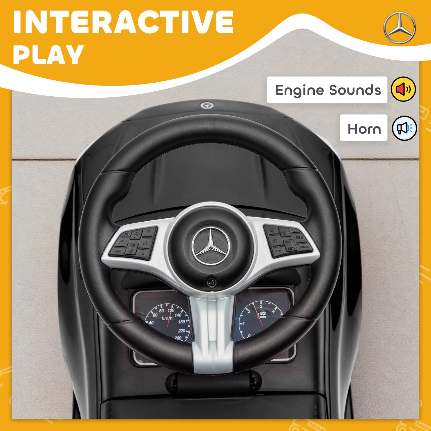 Official Mercedes-Benz Ride On Car, Foot to Floor Sliding Walker with Horn, Engine Sounds and Under-Seat Storage, Black