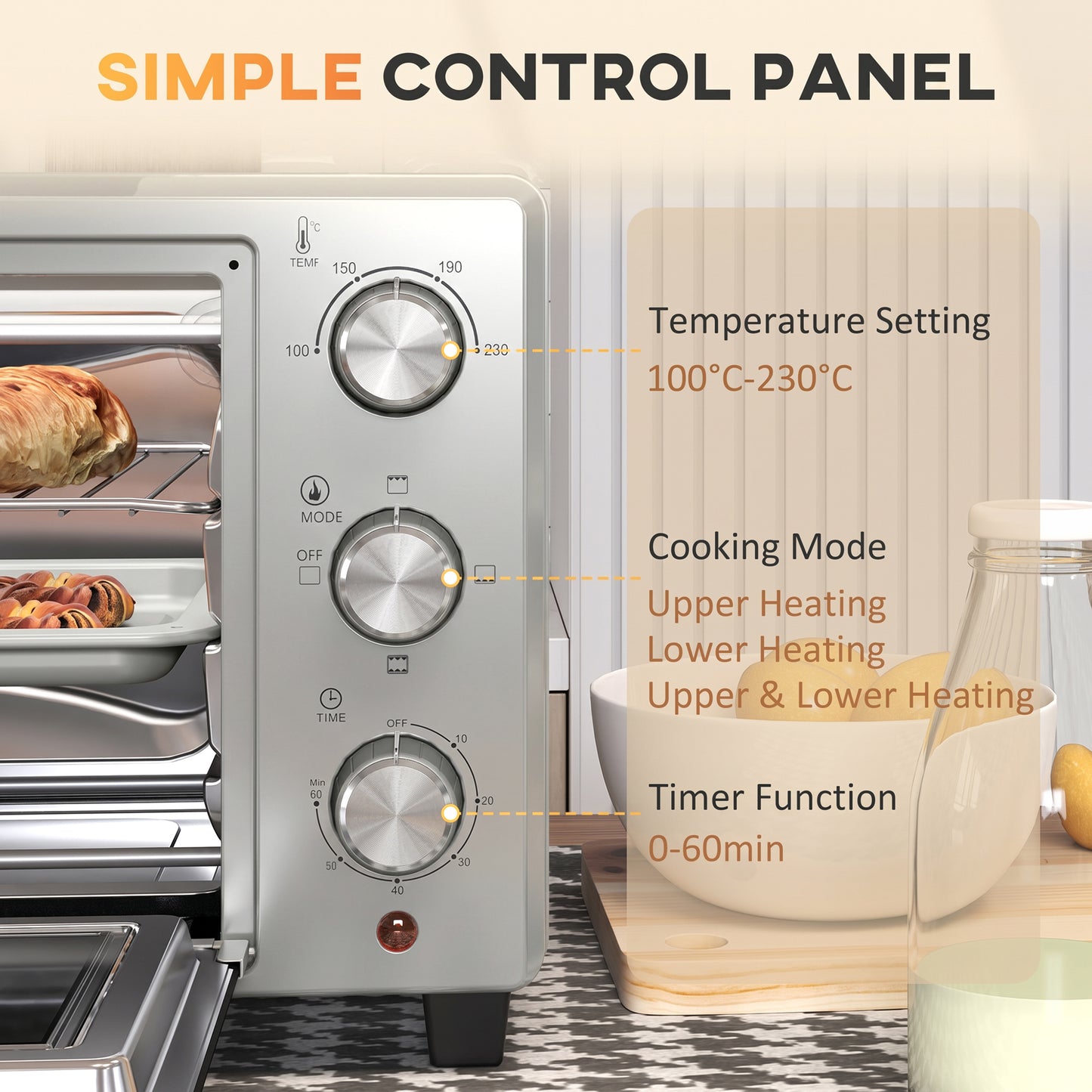 21L Mini Countertop Oven, 100°C-230°C Adjustable Temp - Silver Tone