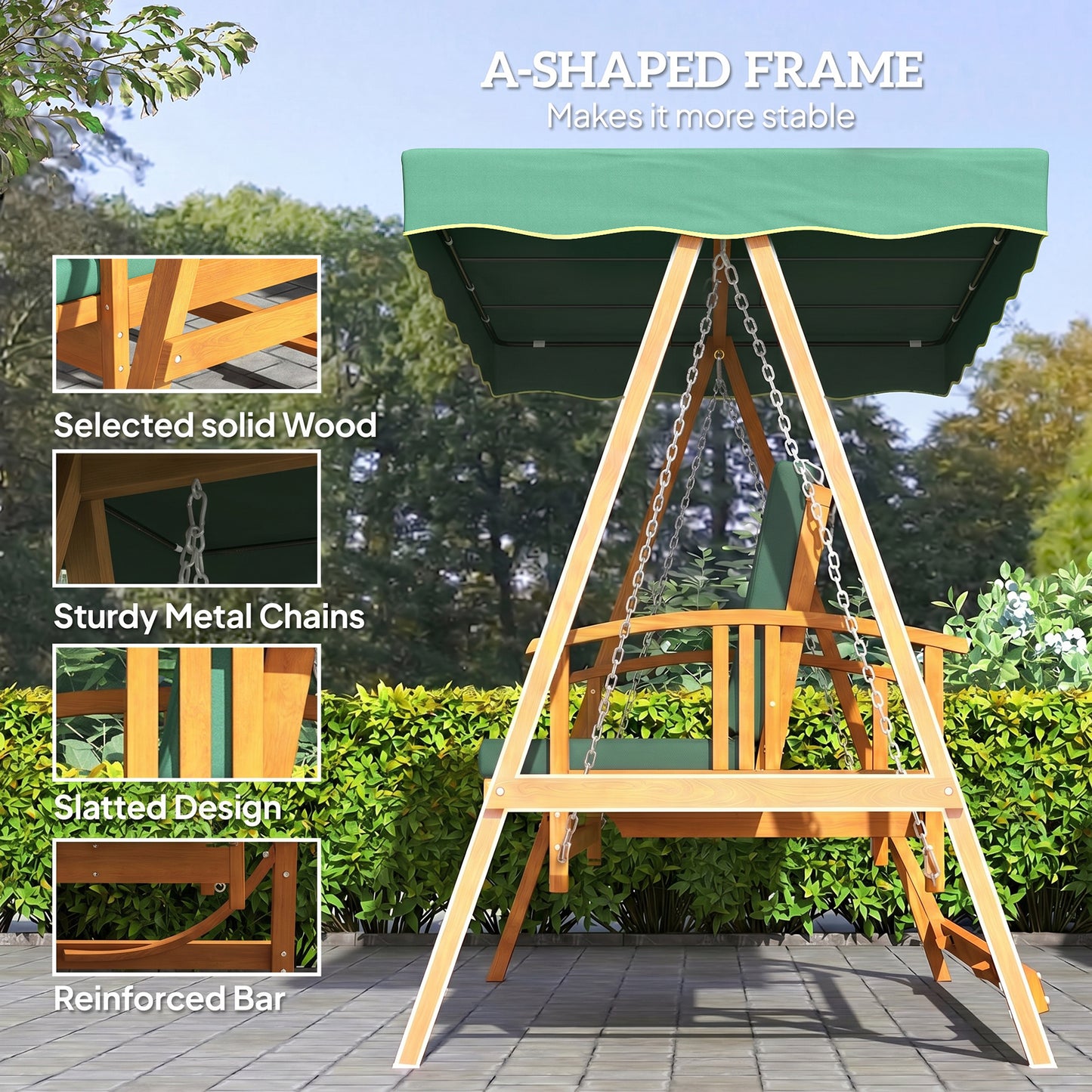 3 Seater 2-in-1 Wooden Garden Swing Seat Swing Chair, Outdoor Convertible Hammock Bench w/cushion, Furniture Lounger Bed