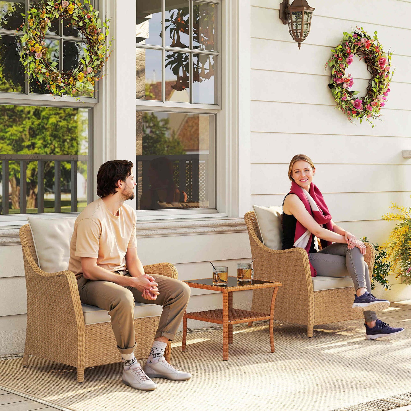 Rattan Garden Chairs Set of 2, Outdoor Rattan Chairs with Cushions, Armrests and High Back