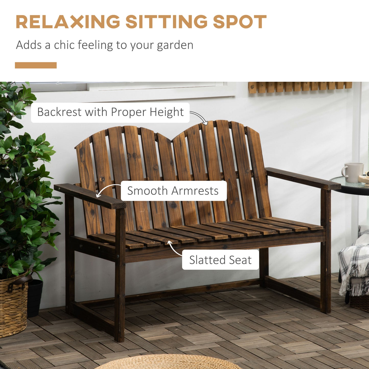 Outdoor Wooden Garden Bench, Patio Loveseat Chair with Slatted Backrest and Smooth Armrests for Two People, for Yard, Lawn