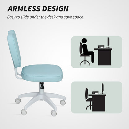 Vanity Office Chair, PU Leather Computer Chair for Home, with Adjustable Height, Armless, Swivel Wheels, Blue