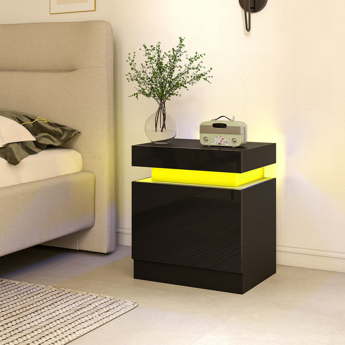 Black Bedside Table with LED Light, High Gloss Front Nightstand with 2 Drawers, for Living Room, Bedroom, Set of 2