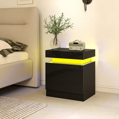 Black Bedside Table with LED Light, High Gloss Front Nightstand with 2 Drawers, for Living Room, Bedroom, Set of 2