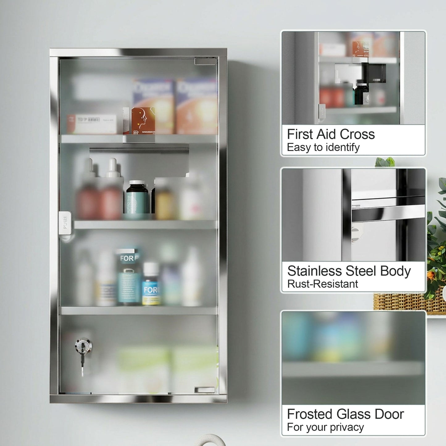 4 Tier Stainless Steel Wall Mounted Medicine Cabinet Glass Lockable Door Storage Shelves Houseware Bathroom Furniture 60Hx30W