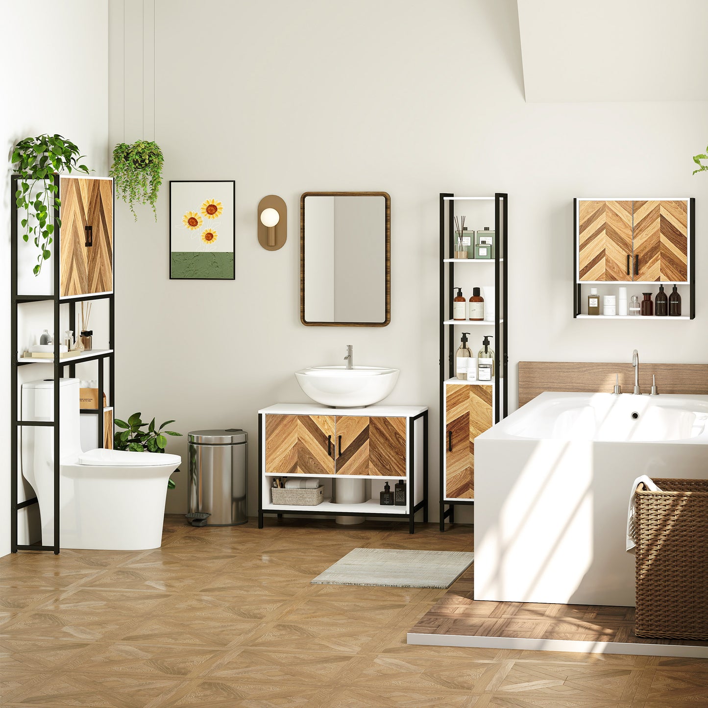 Under Sink Bathroom Cabinet, Rustic Under Sink Cabinet for Basin with or without Pedestal, Cream White and Walnut
