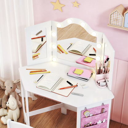 Kids Dressing Table and Stool Set, Girls Vanity Table with 2-Colour LED Lights, Tri-Folding Mirror, White