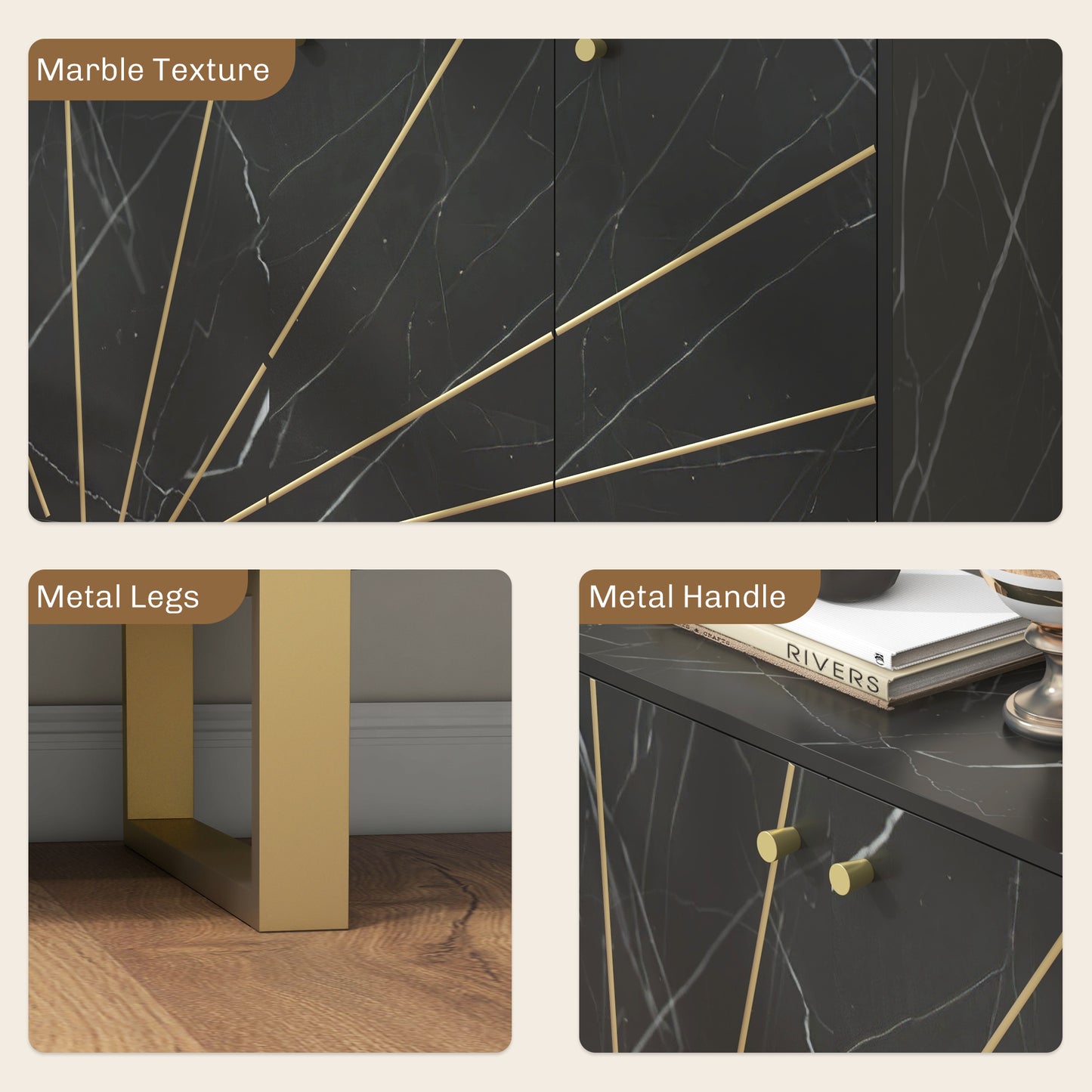 Sideboard Storage Cabinet, Modern Storage Cupboard with Adjustable Shelves and Metal Legs for Living Room, Kitchen