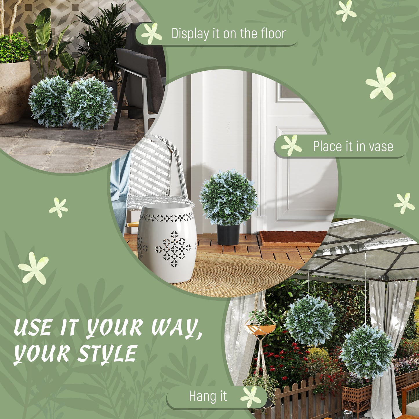 Set of 2 Artificial Plant Topiary Balls, UV-protected Fake Decorative Plants, Blue