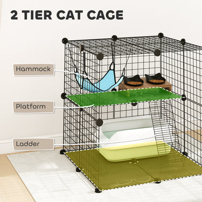 Indoor Cat Cage DIY Customizable 2-Tier Indoor Cat Enclosure with 2 Doors and Hammock 70 cm Black