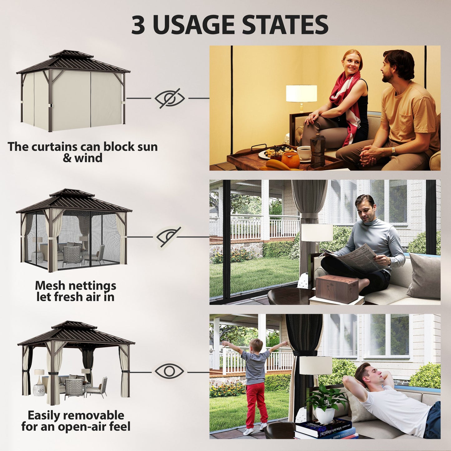 3x3.6 m Hardtop Gazebo Canopy with UPF50+ Double Galvanised Steel Roof, Aluminium Garden Gazebo Permanent Pavilion, Brown