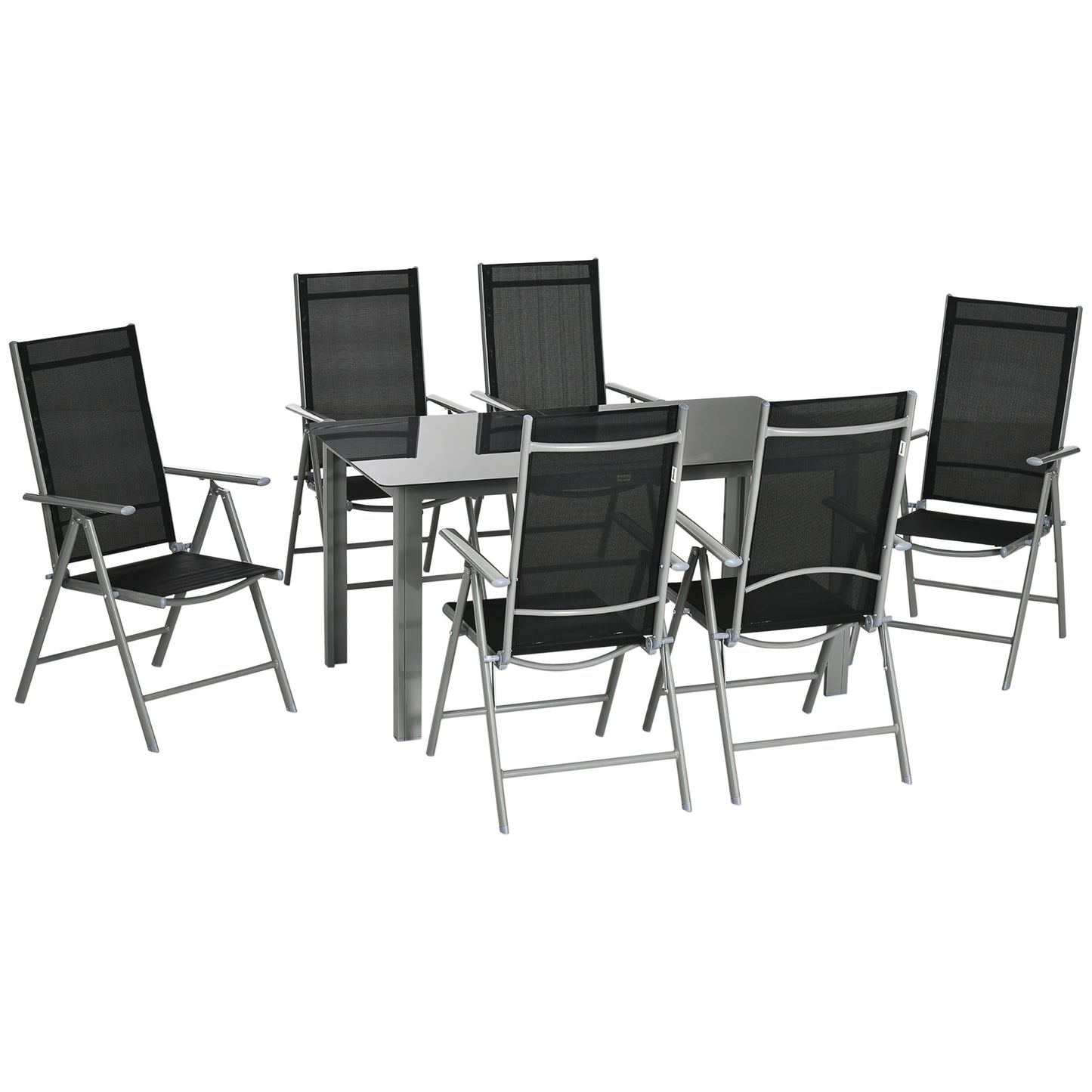 7 Piece Garden Dining Set, Outdoor Table and 6 Folding and Reclining Chairs, Aluminium Frame, Tempered Glass Top Table