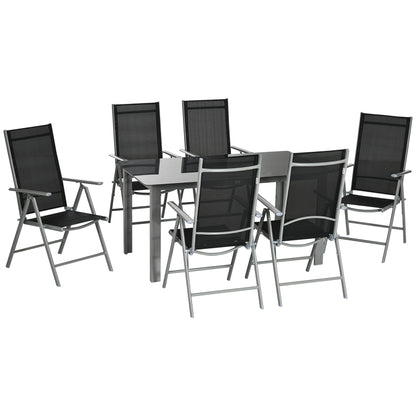 7 Piece Garden Dining Set, Outdoor Table and 6 Folding and Reclining Chairs, Aluminium Frame, Tempered Glass Top Table