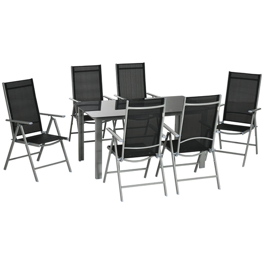 7 Piece Garden Dining Set, Outdoor Table and 6 Folding and Reclining Chairs, Aluminium Frame, Tempered Glass Top Table