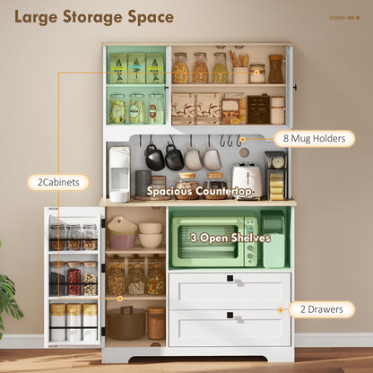 Kitchen Cupboard, Freestanding Kitchen Cabinet with 2 Cabinets, 2 Drawers, Open and Adjustable Shelves, White