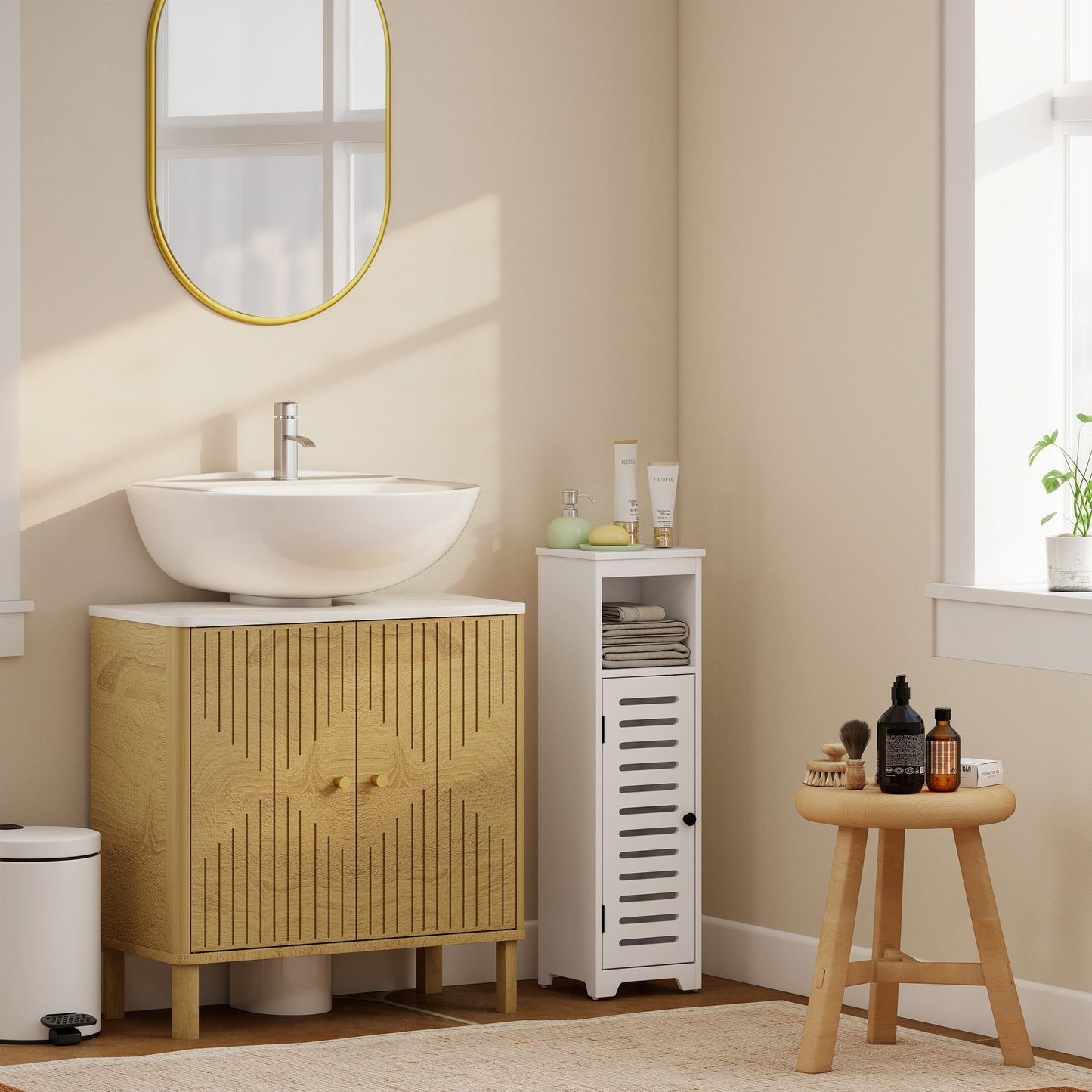 Bathroom Floor Cabinet, Bathroom Storage Unit with Louvered Door, Open Shelf, Adjustable Shelf, White, 22 x 20 x 75 cm