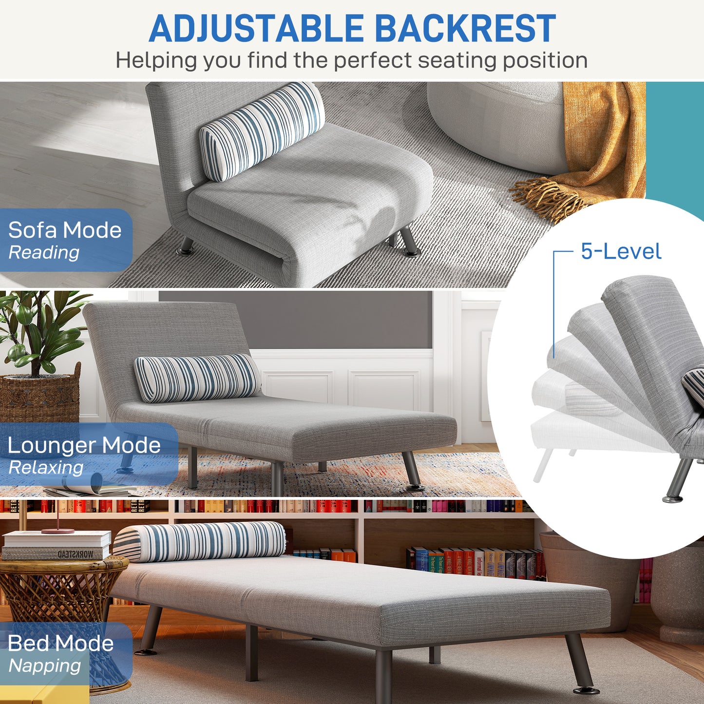 Single Sofa Bed, 1 Person Sleeper Foldable Lounge with Pillow, Light Grey