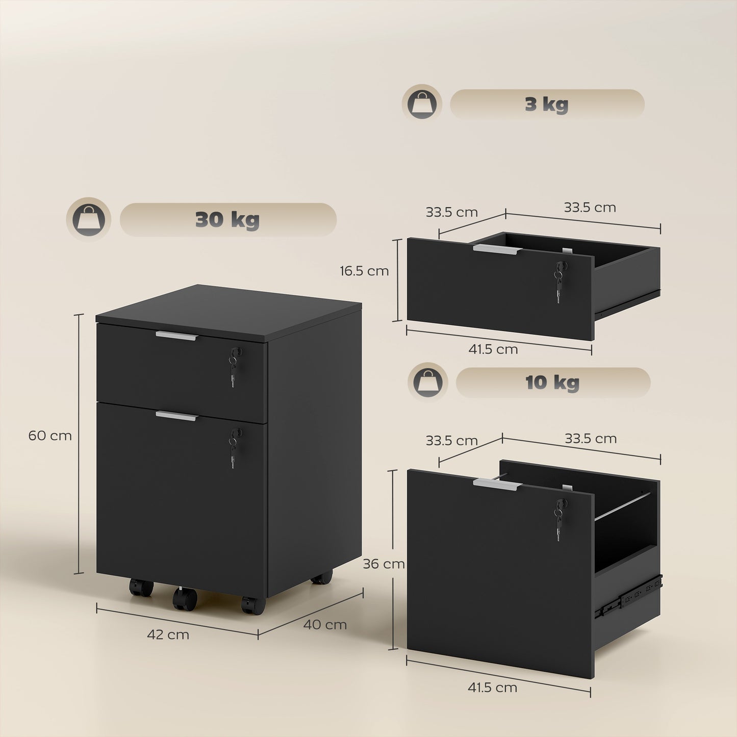 Two-Drawer Lockable Filing Cabinet - Black
