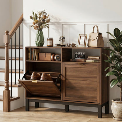 Shoe Cabinet with 2 Flip Drawers, Narrow Shoe Storage Top for Entryway Hallway, Rustic Brown