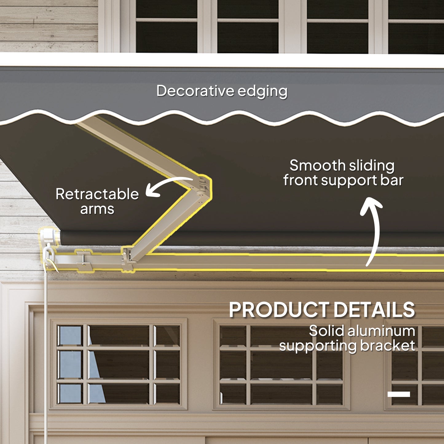 3 x 2.5m Garden Patio Manual Awning, Retractable Canopy Sun Shade Shelter with Fittings and Crank Handle, Dark Grey