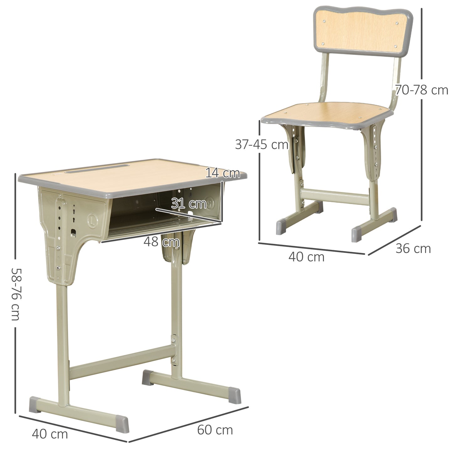 Height Adjustable Kids Desk and Chair Set with Storage Compartment, Bag Hook and Pen Holder, for 6-12 Years, Grey