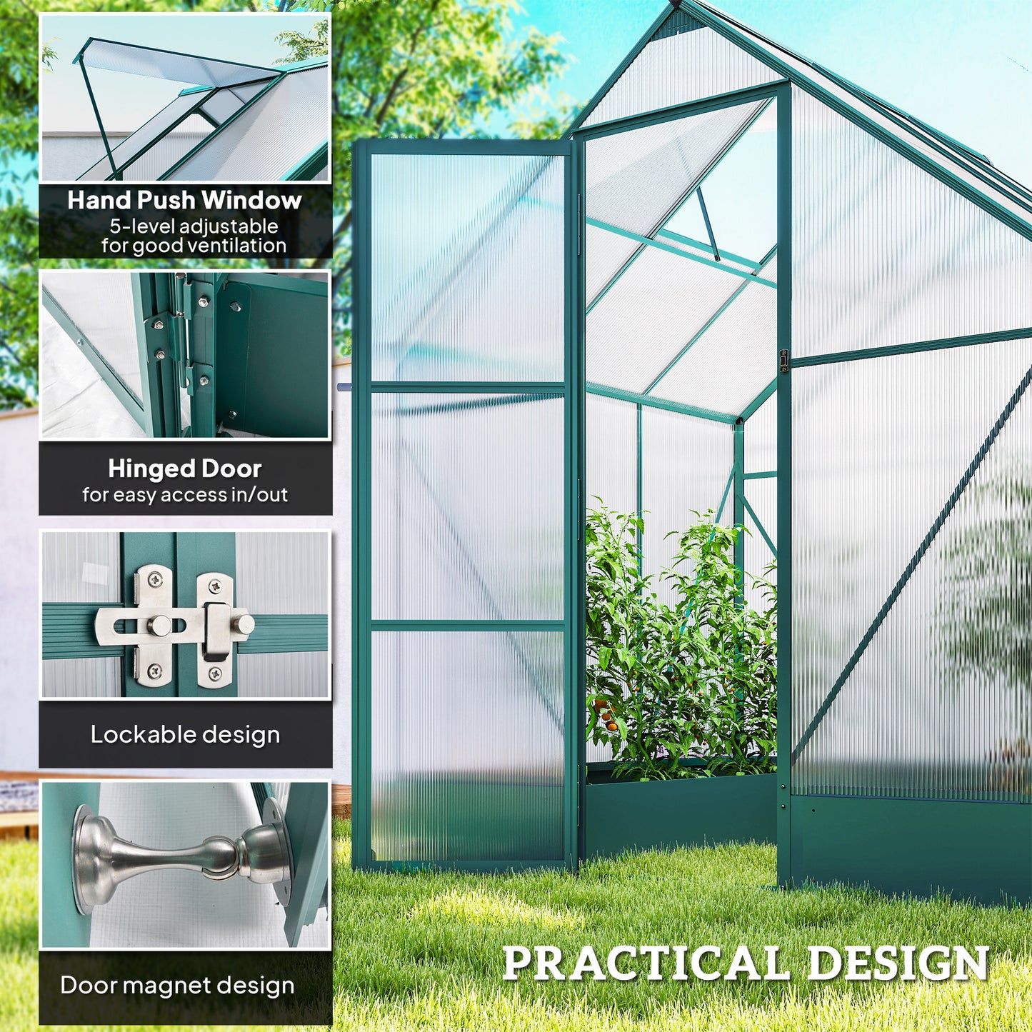 6x6 FT Polycarbonate Greenhouse with Base and Raised Bed, Walk-in Greenhouse with Aluminium Frame