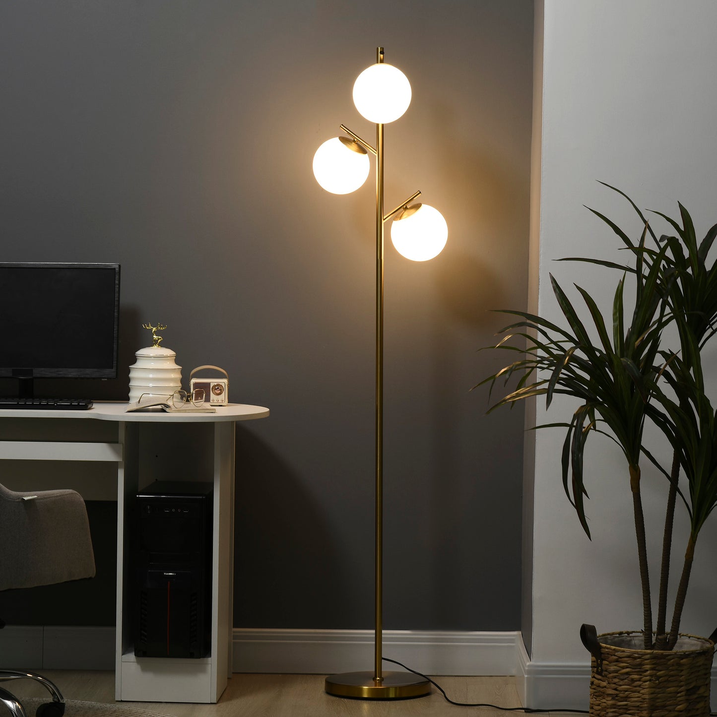 3-Light Tree Floor Lamps for Living Room, Modern Standing Lamp for Bedroom with Globe Lampshade, Steel Base