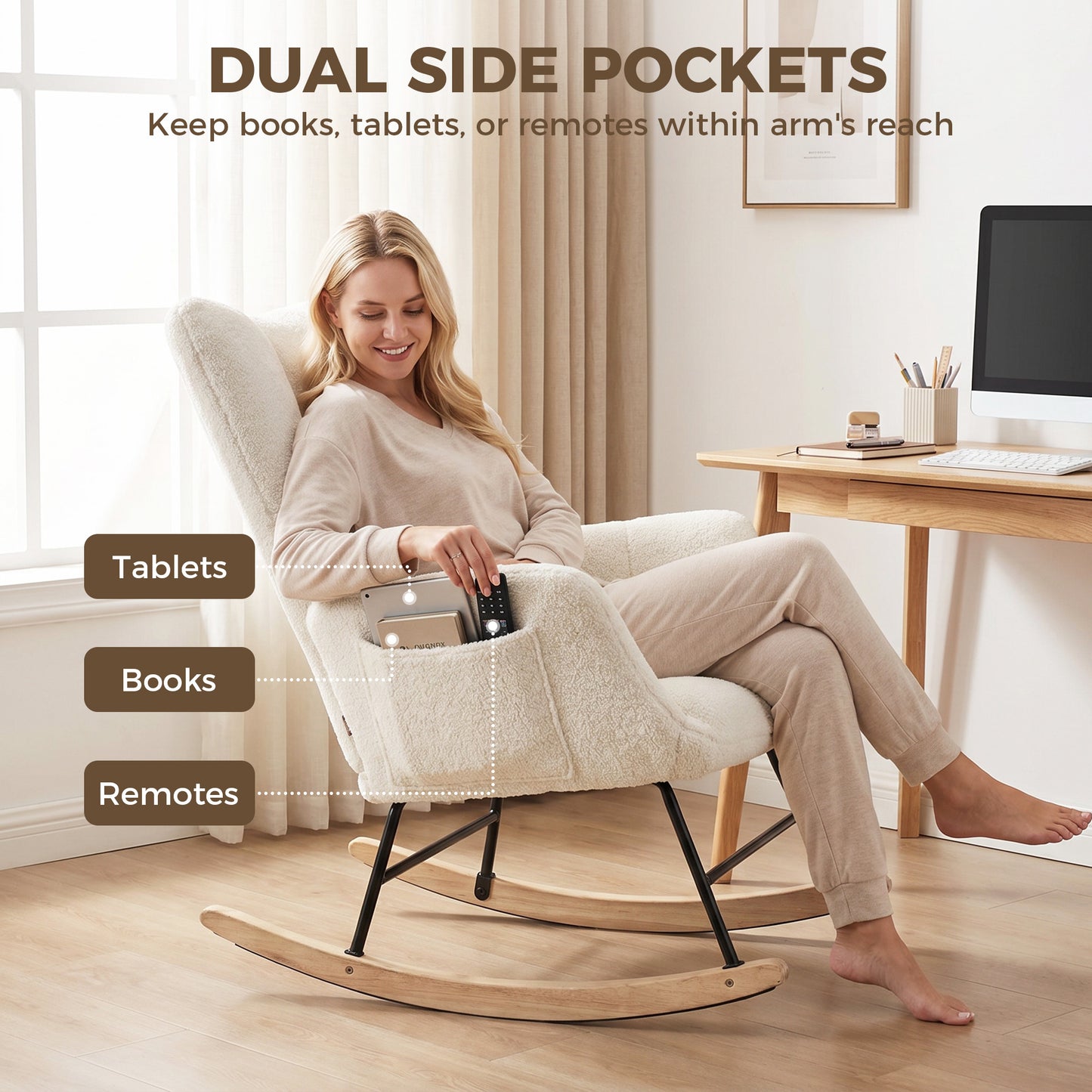 Rocking Chair, Teddy Fleece Rocker Chair with Tufted Wingback, Side Pockets, Rubber Wood Legs, Cream White