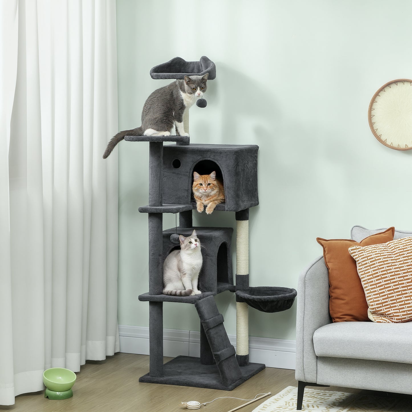 160cm Large Cat Tree Tower with Sisal Scratching Posts, Condos, Plush Perches, Hammock, Ladder, Dark Grey