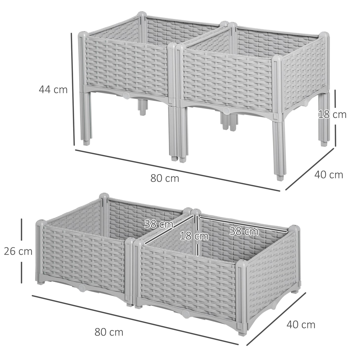 Set of 4 26L Garden Raised Bed Elevated Patio Flower Plant Planter Box PP Vegetables Planting Container, Grey