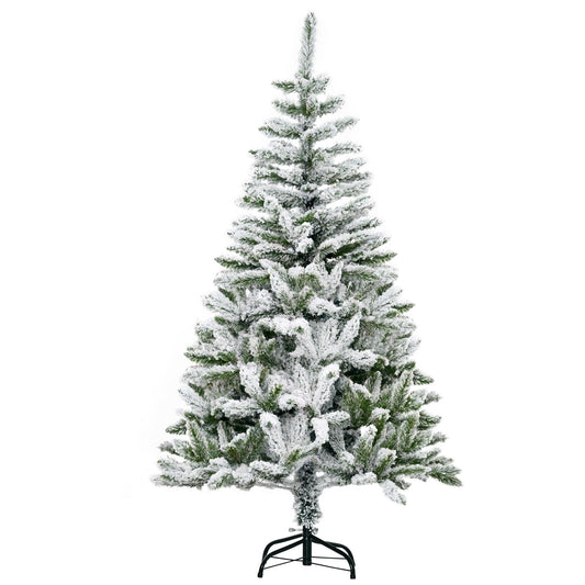 5 Ft Snow Flocked Artificial Christmas Tree Xmas Pine Tree with Realistic Branches, Auto Open and Steel Base, Green