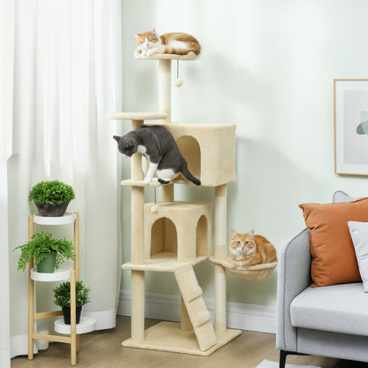 160cm Large Cat Tree Tower with Sisal Scratching Posts, Condos, Plush Perches, Hammock, Ladder, Beige
