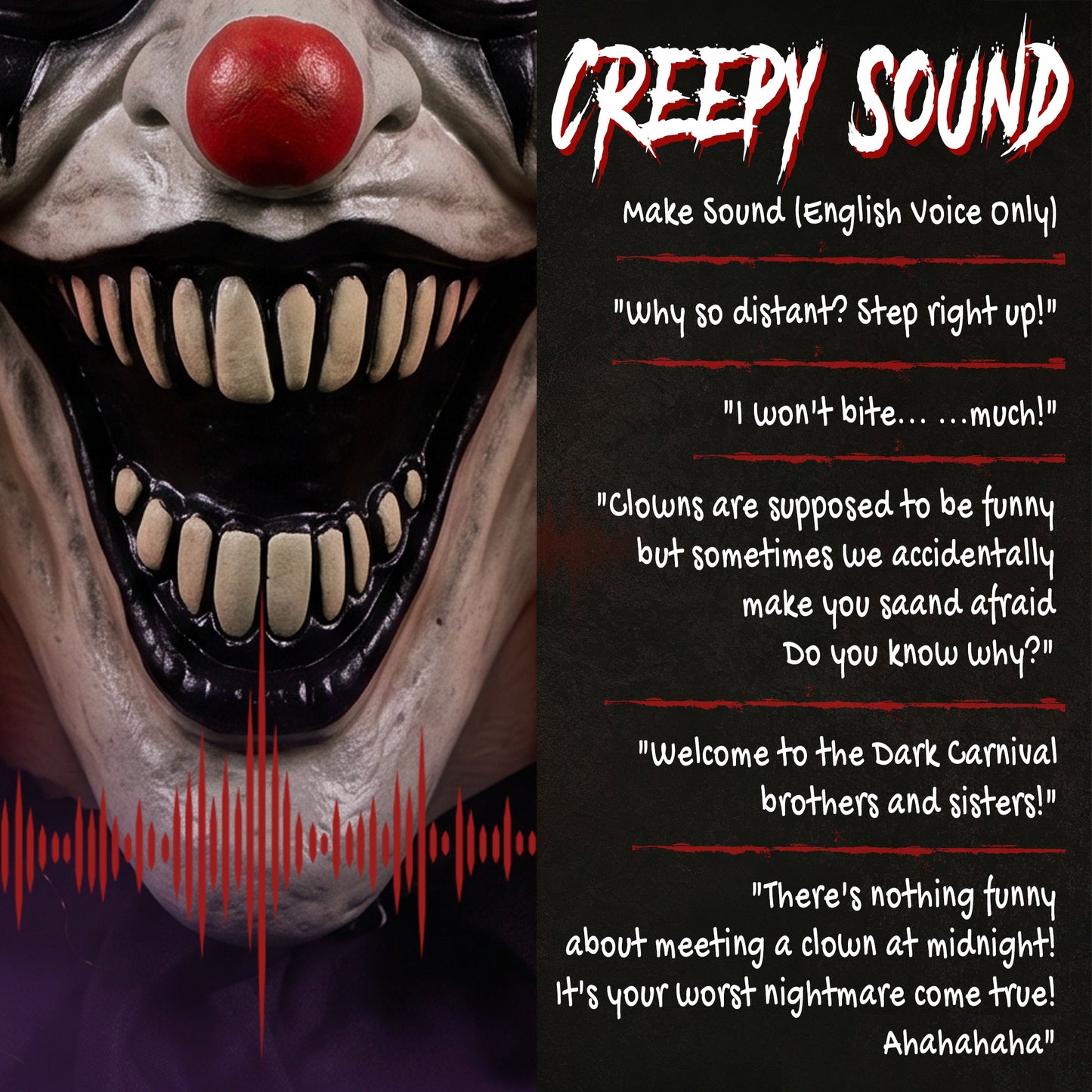 Animated Halloween Face Changing Clown, Animatronic Joker with Cackling Sound, Glowing Eyes, Sound/Touch Activated