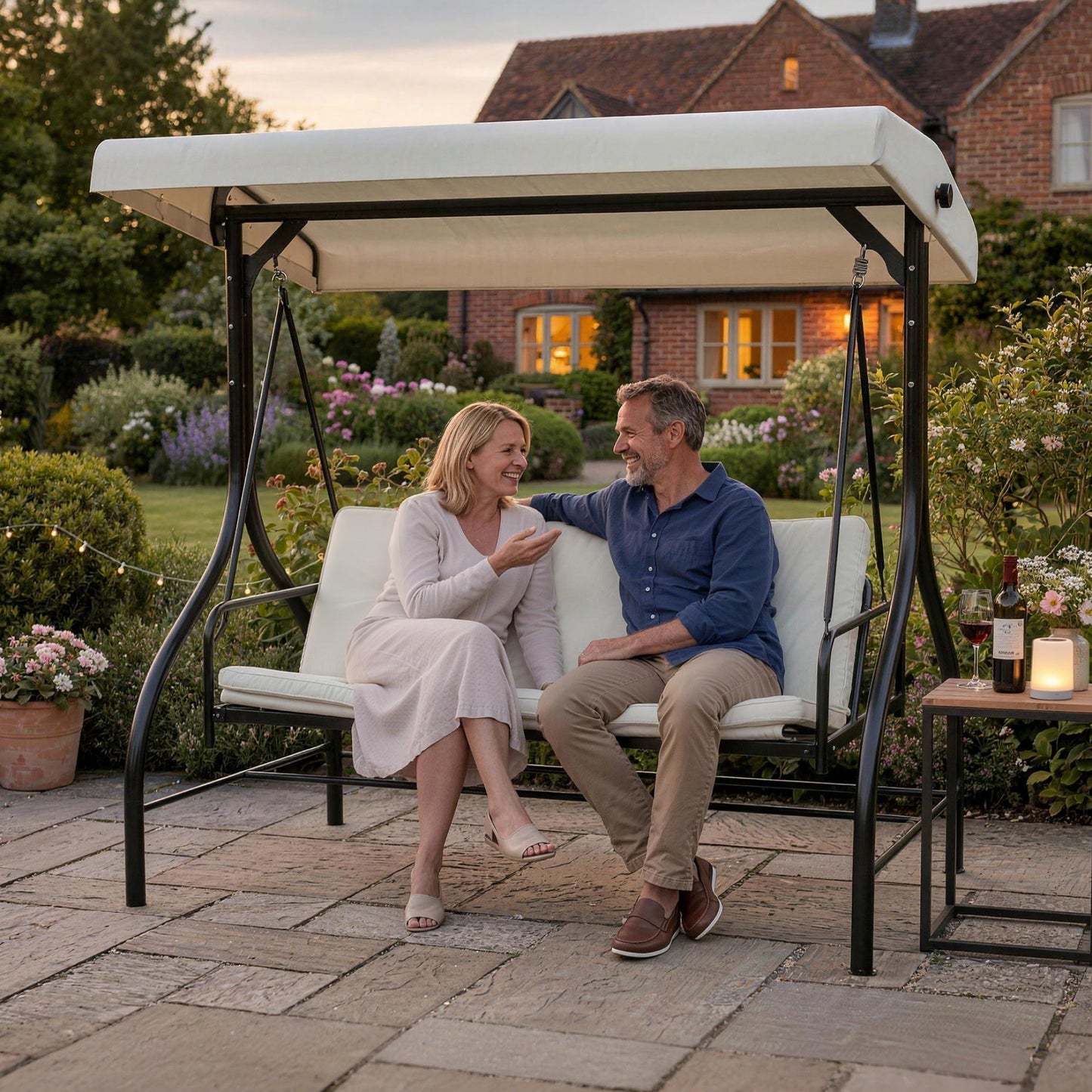 3 Seater Garden Swing Chair, 2 in 1 Convertible Patio Swing Seat Bed with Adjustable Canopy, Cushions and Metal Frame