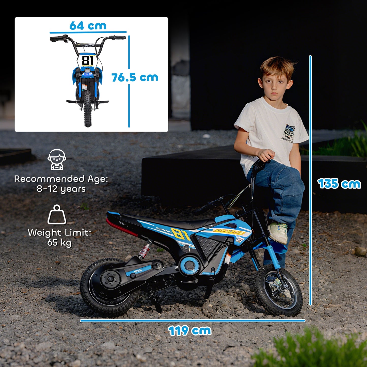 Kids Electric Motorbike 3 Gearboxes Speed Ride on Motorcycle with 40min Ranges - Blue