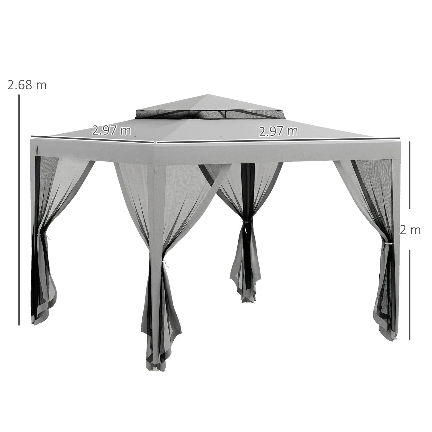 3 x 3 m Gazebo, Netting Party Tent, Patio Canopy Outdoor Event Shelter with Double Tier Roof, Light Grey