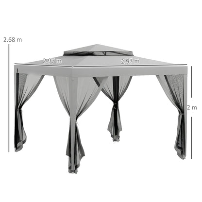 3 x 3 m Gazebo, Netting Party Tent, Patio Canopy Outdoor Event Shelter with Double Tier Roof, Light Grey