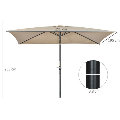 3x2m Garden Parasol Umbrella with Aluminium Pole, Tilt and Crank, Rectangular Outdoor Table Parasol Sun Shade for Patio