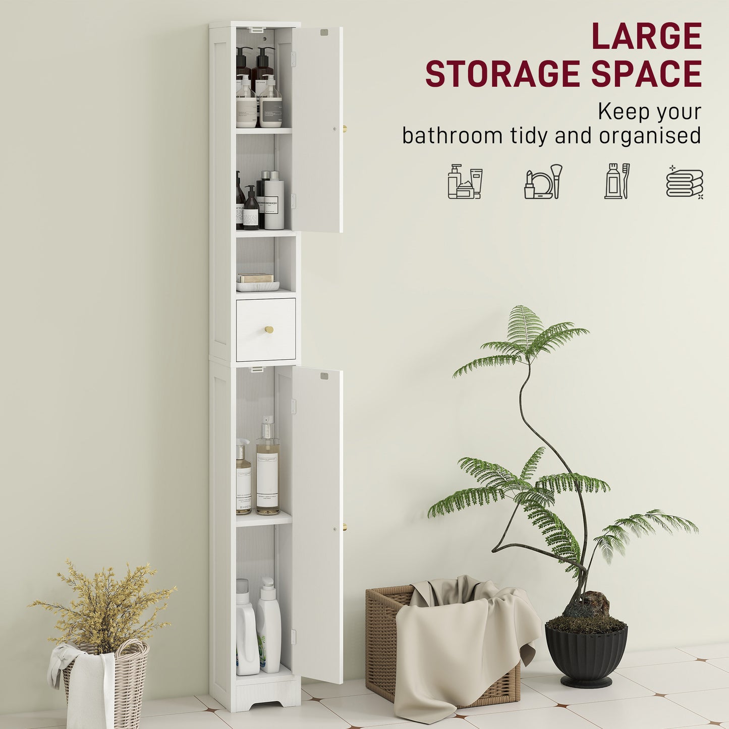 185 cm Tall Bathroom Cabinet with Arched Doors - White