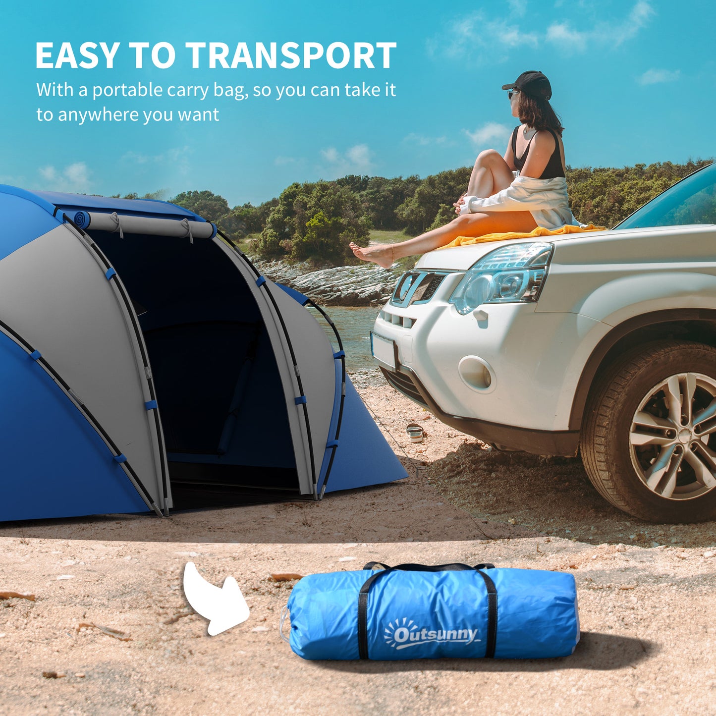 4 Man Camping Tent, UV Protection Tunnel Tent with 2 Bedrooms and Living Area, Large Hiking Sun Shelter, 430 x 240 x 170 cm