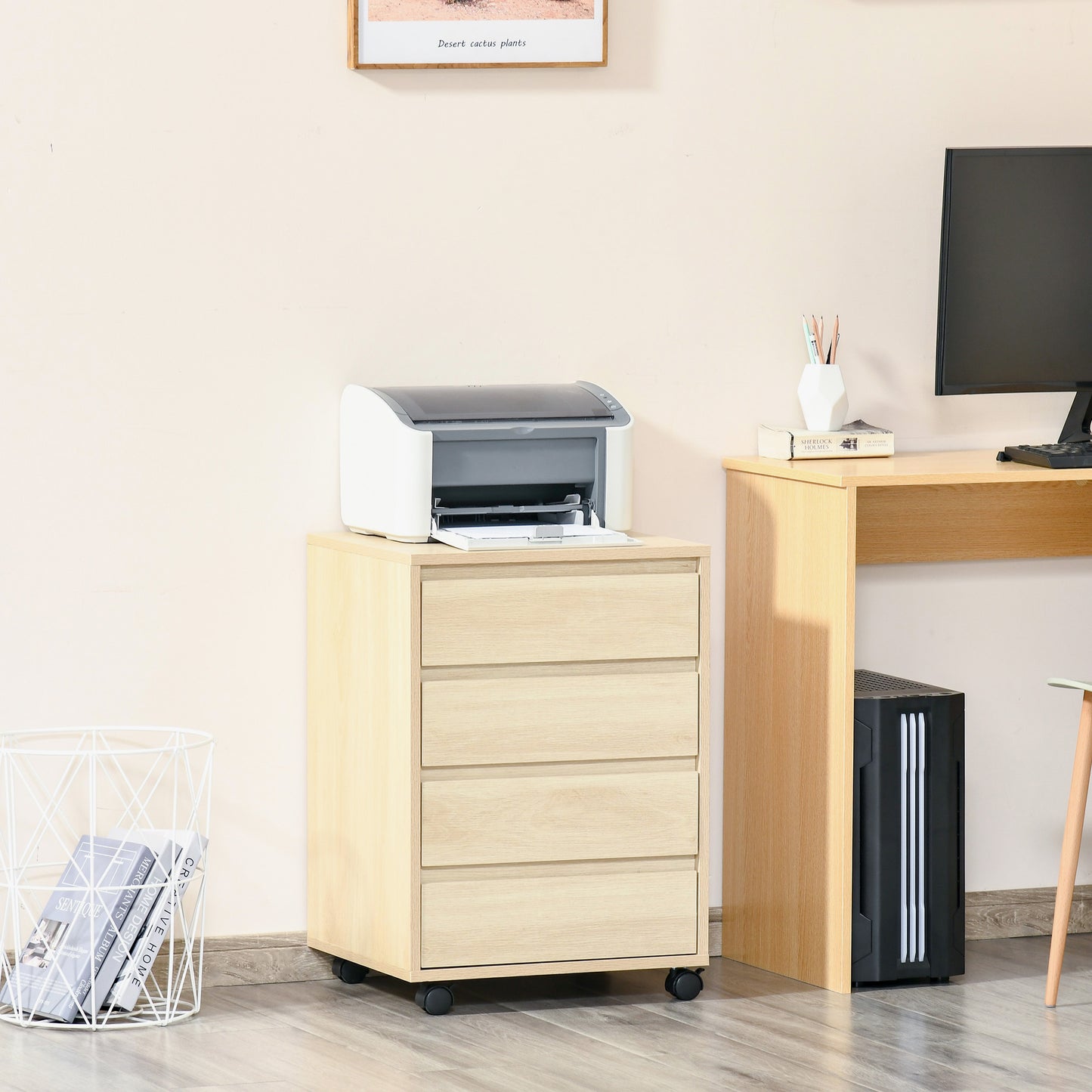 Four-Drawer Office Filing Cabinet, with Wheels - Natural Wood Finish