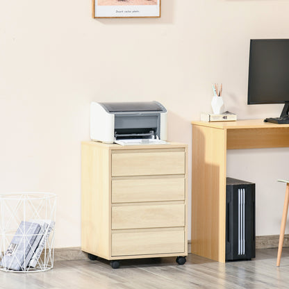 Four-Drawer Office Filing Cabinet, with Wheels - Natural Wood Finish