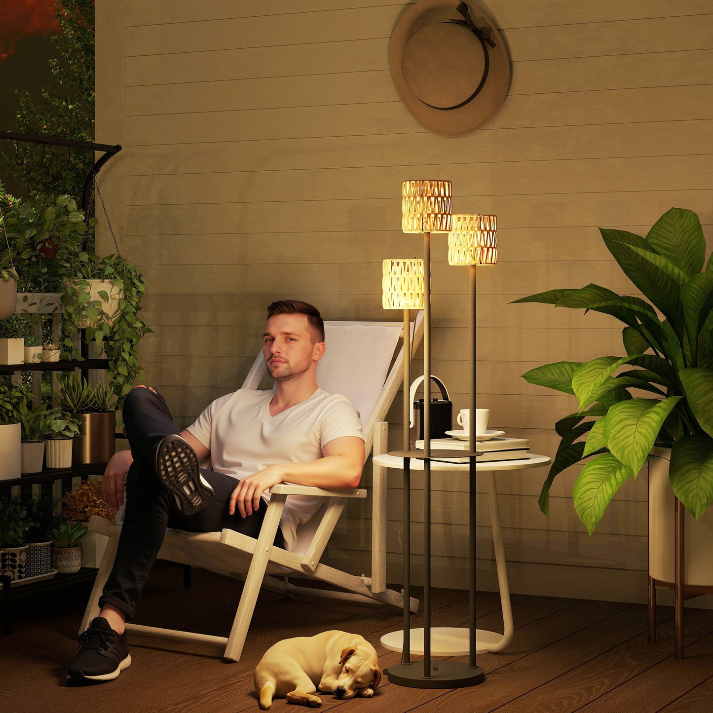 Boho Rattan Floor Lamp, 3-Lights Rattan Lamp with Shelf, Freestanding Solar Garden Light with Auto On/Off Lights
