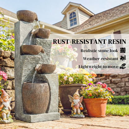 Outdoor Fountain with 5-Tier, Garden Fountain with LED Lights, Adjustable Flow, Grey and Rustic Brown