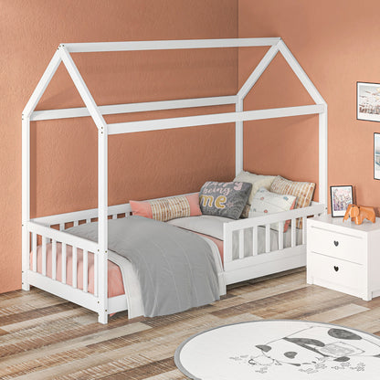 House-Shaped Kids Bed Frame with Guard Rails, Solid Pine Wood Single Bed Frame for Kids Boys and Girls