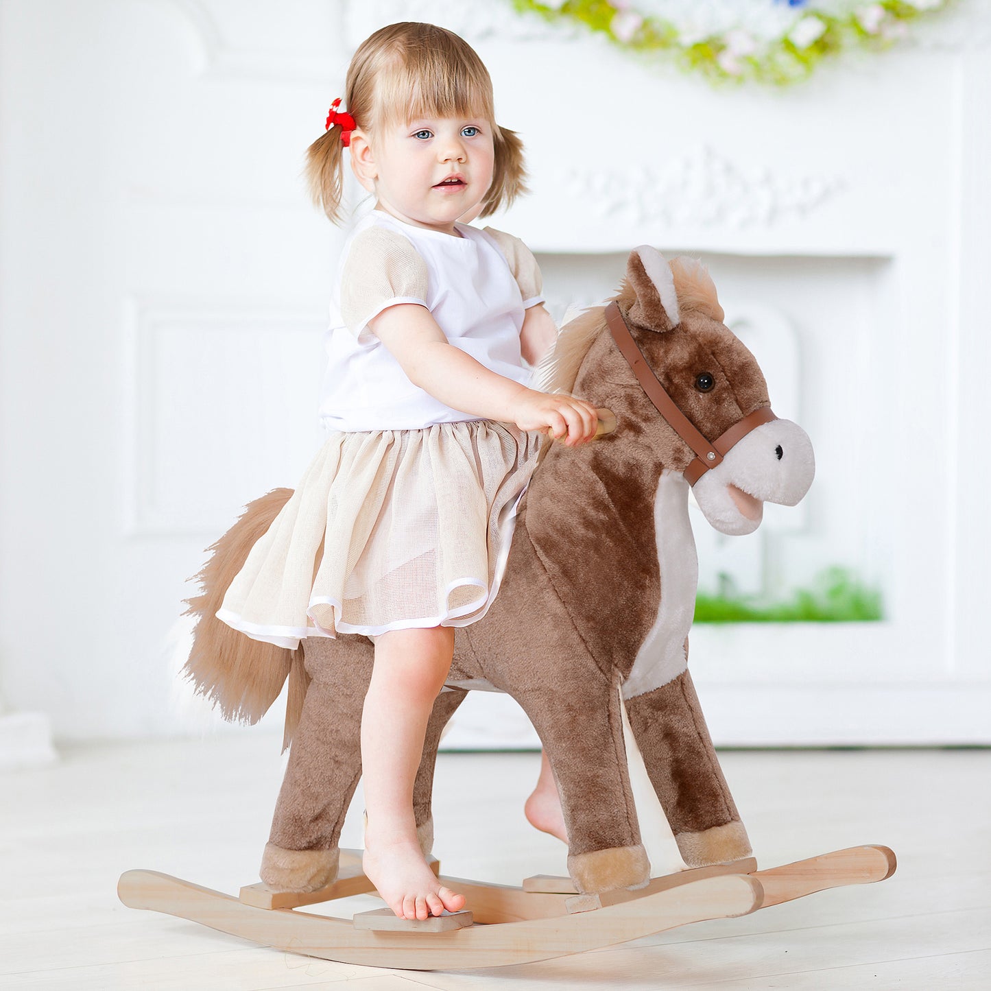Kids Children Plush Rocking Horse Wooden Base Ride On Toy Rocker with Handle Grip Traditional Toy Fun Gift for Age 3+ (Brown