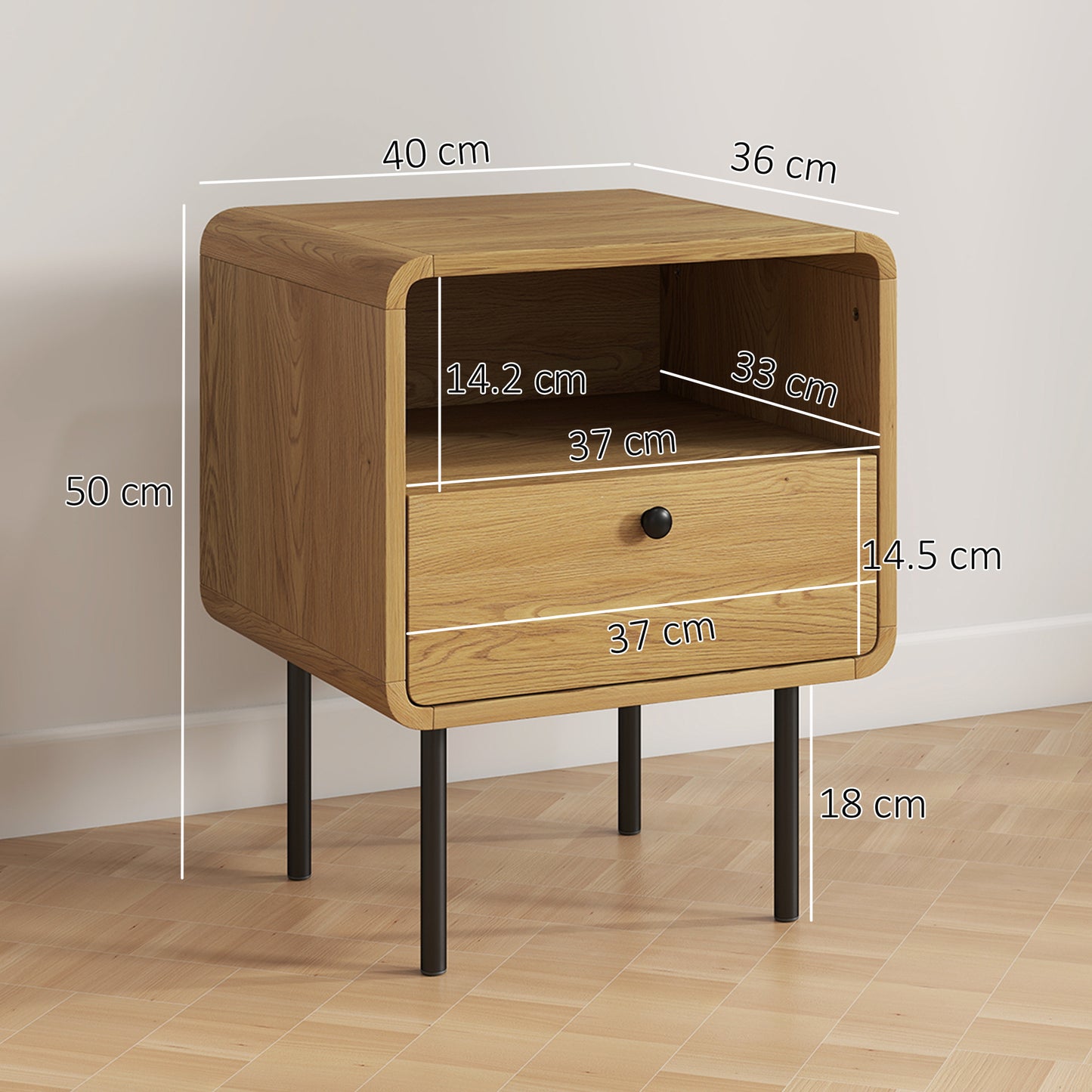 Bedside Table with Drawer and Open Shelf - Oak