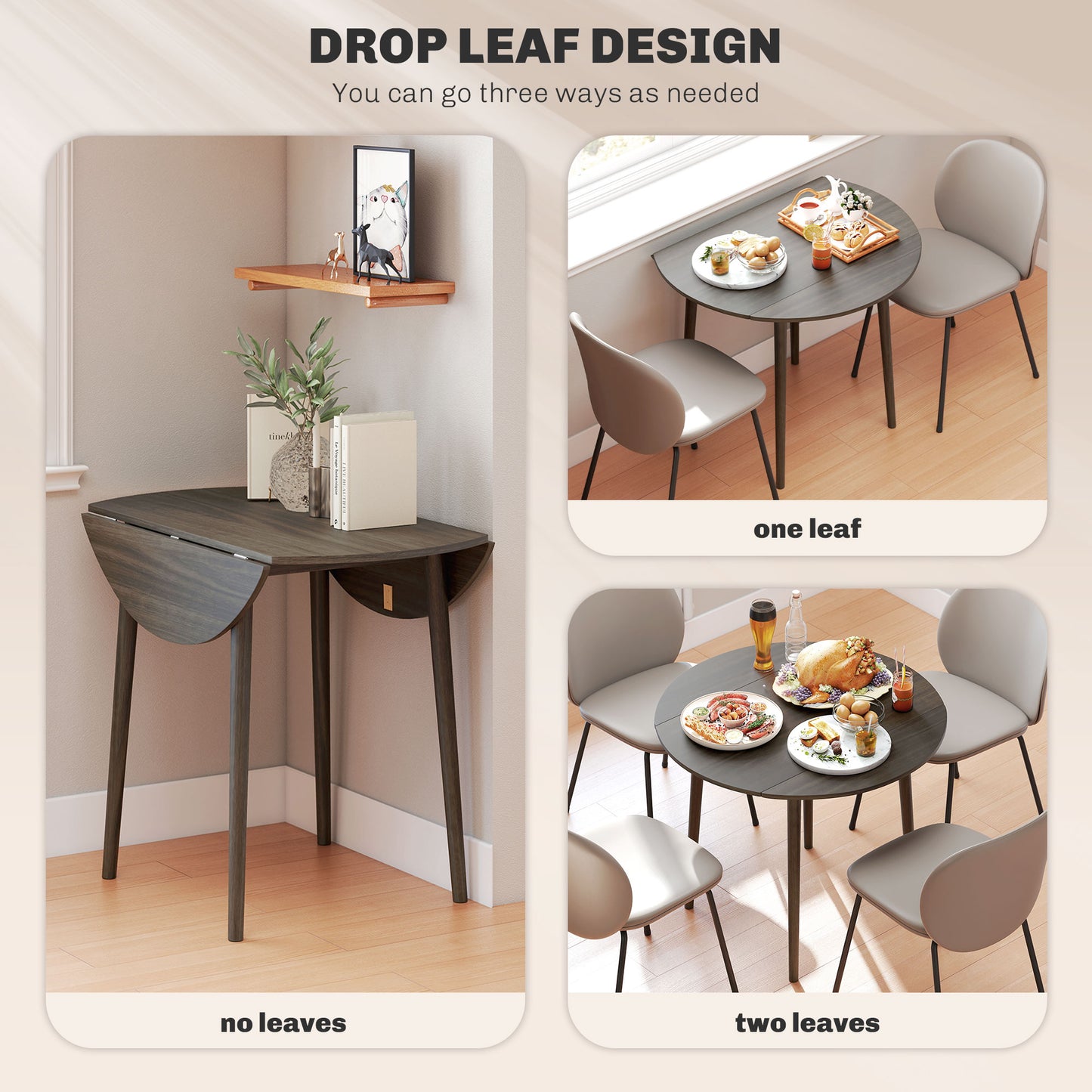 Folding Dining Table for 4, Round Drop Leaf Table, Modern Space Saving Small Kitchen Table with Wood Legs for Dining Room