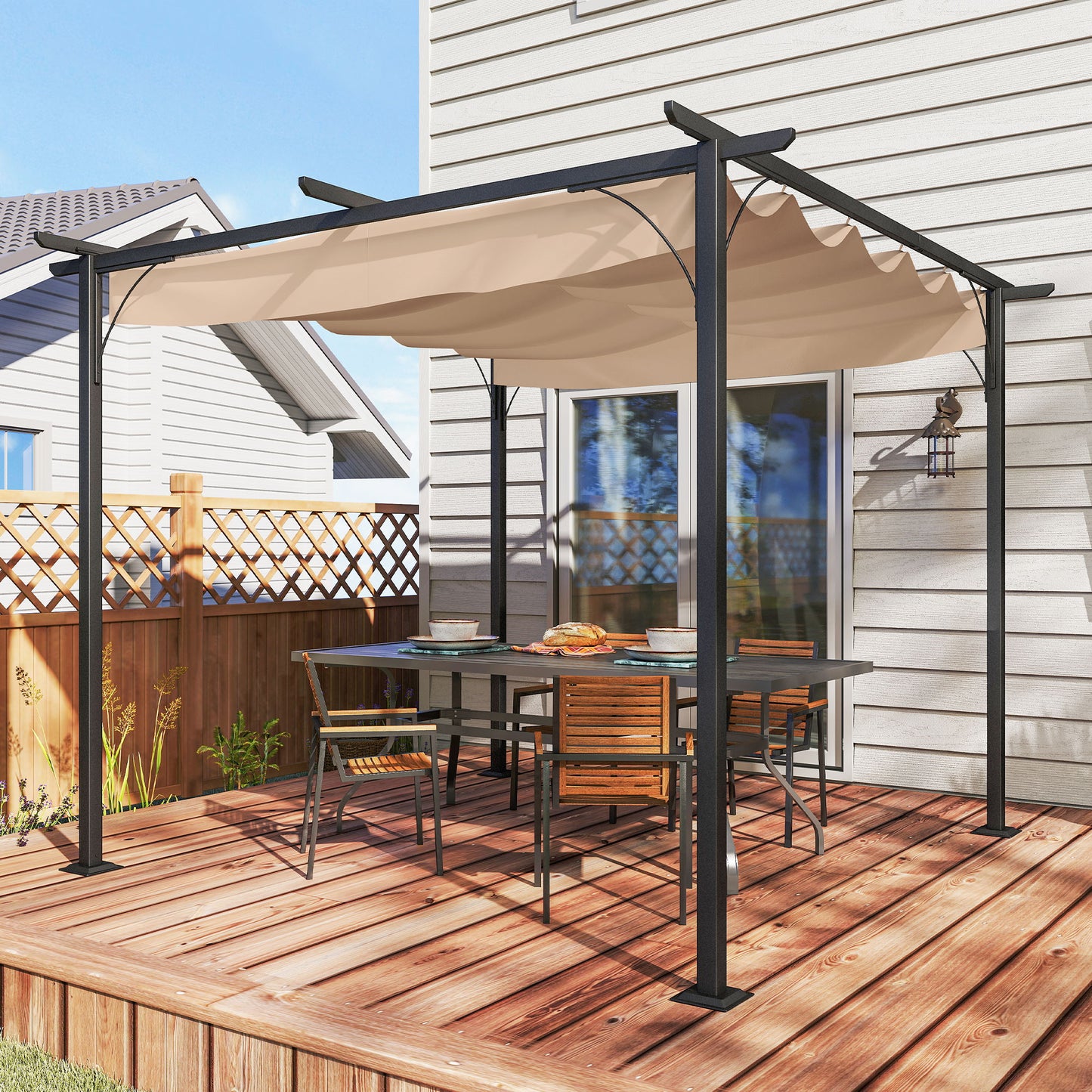 3 x 3(m) Metal Pergola with Retractable Roof, Garden Gazebo Metal Pergola Canopy for Party BBQ, Beige